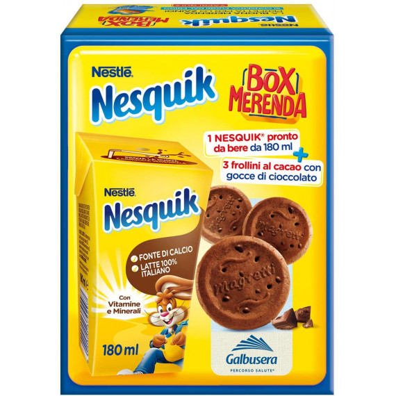 NESQUIK BOX MERENDA PRONTO DA BERE BEVANDA A BASE DI LATTE E CACAO CON 3 FROLLINI MAGRETTI GALBUSERA GR.250